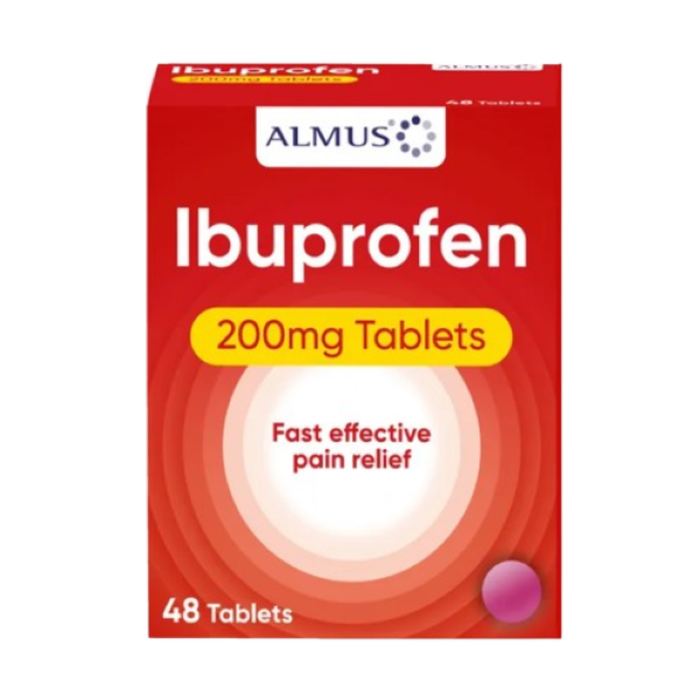 Almus Ibuprofen 200mg 48 Tablets red box with yellow dosage banner, showing a pink tablet on white background.