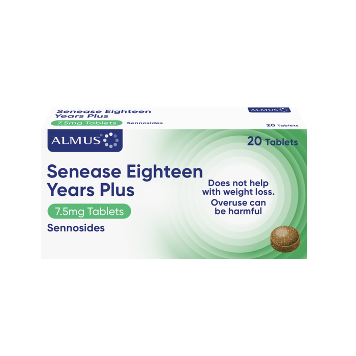 Almus Senease Eighteen Years Plus 7.5mg Tablets box, white and green packaging, showing 20 tablets, Sennosides, on white background.