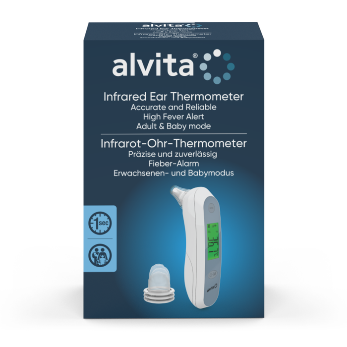 Alvita Infrared Ear Thermometer dark blue packaging with white handheld device, green LCD display, and ear probe caps on white background.