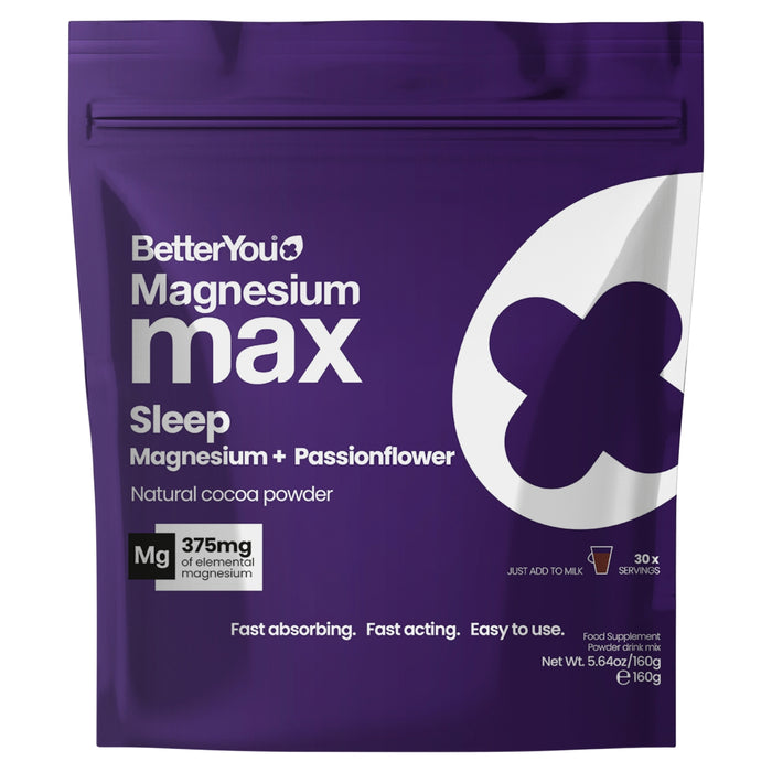 BetterYou Magnesium Max Sleep Powder 160g purple resealable pouch with white text, 375mg magnesium, cocoa flavour, 30 servings, white background