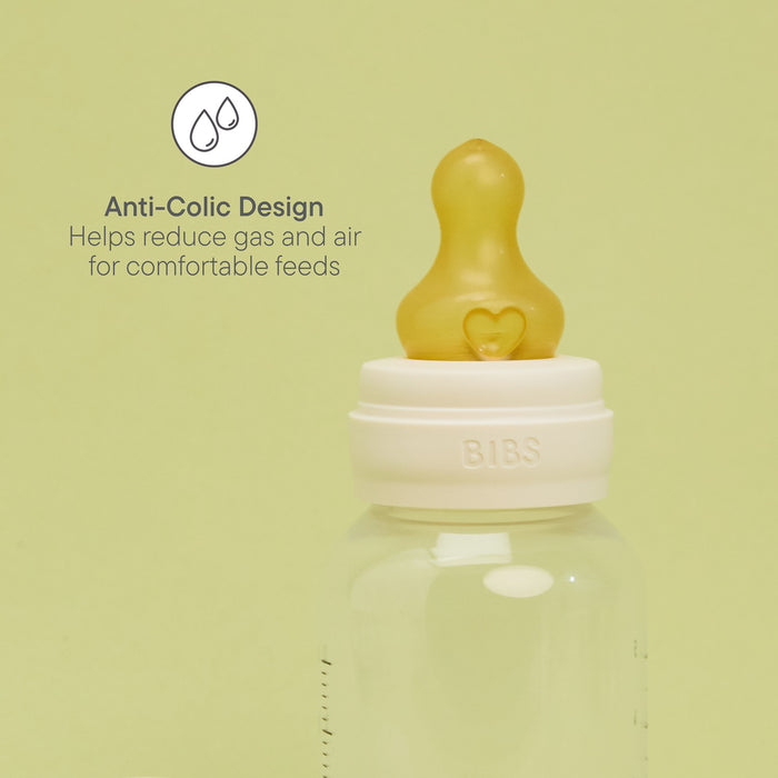 BIBS Baby Bottle Round Latex Nipple on white cap, yellow latex teat with heart detail, green background, text reads "Anti-Colic Design"