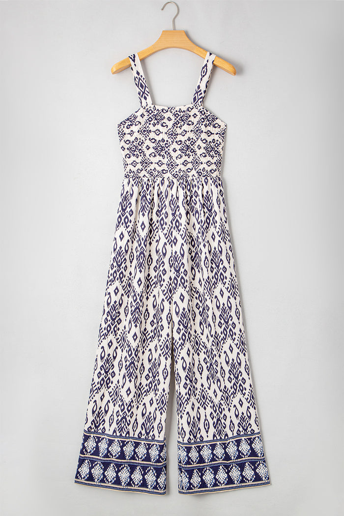 Blue Boho Geometric Print Shirred High Waist Wide Leg Jumpsuit 🇨🇳