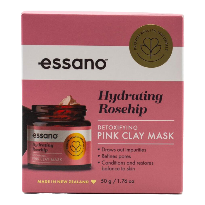 Essano Hydrating Rosehip Detoxifying Pink Clay Mask for detoxifying and hydrating skin, with Rosehip Oil and Pink Clay, suitable for all skin types.