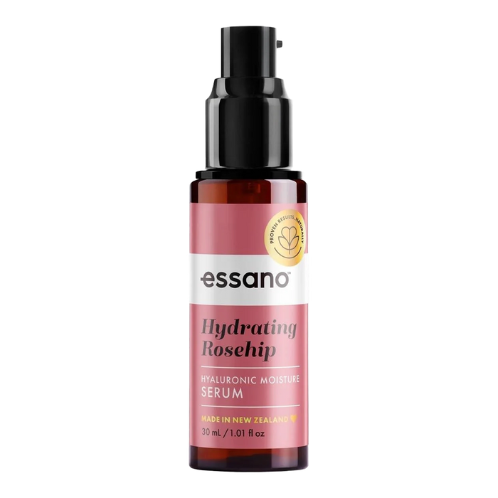 Essano Hydrating Rosehip Hyaluronic Moisture Serum applied to skin, enhancing hydration and promoting elasticity for a youthful, glowing complexion