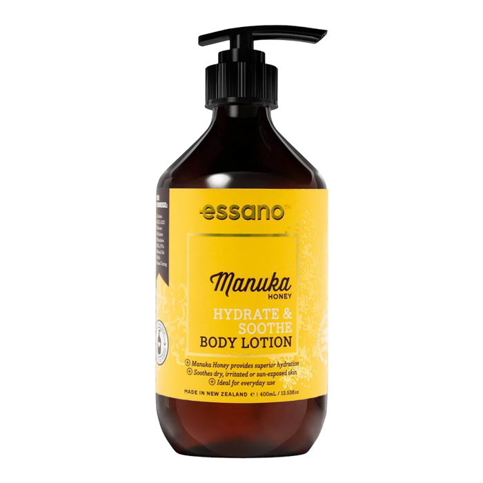 Essano Manuka Honey Body Lotion bottle, infused with Manuka honey and shea butter to hydrate and restore moisture.