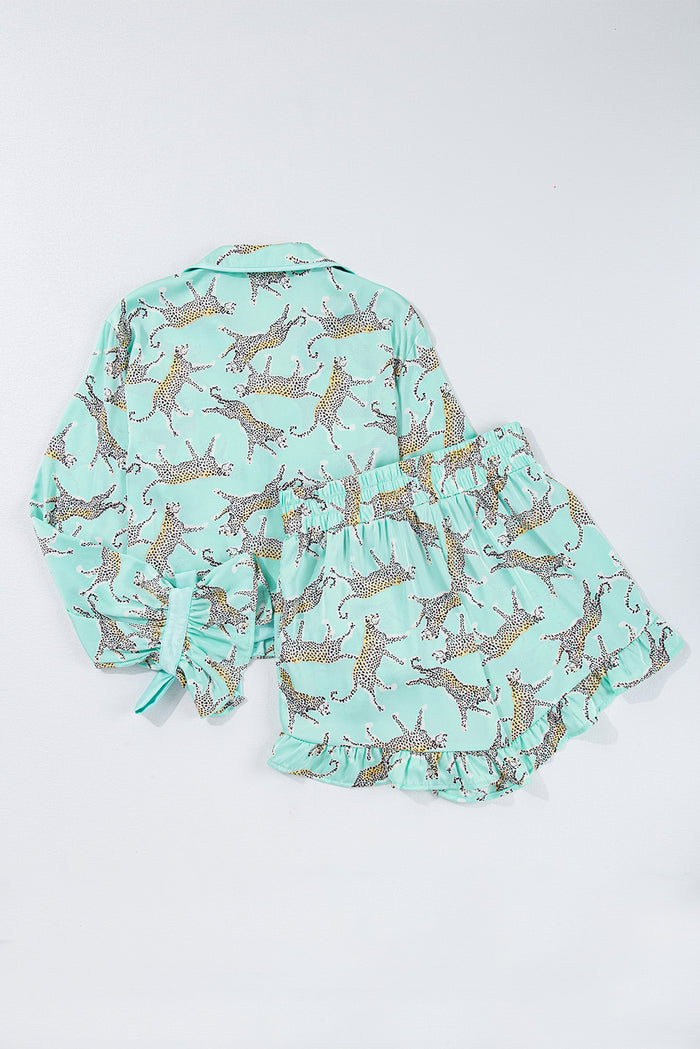 Green Leopard Satin Ruffle Pajama Short Set 🇨🇳