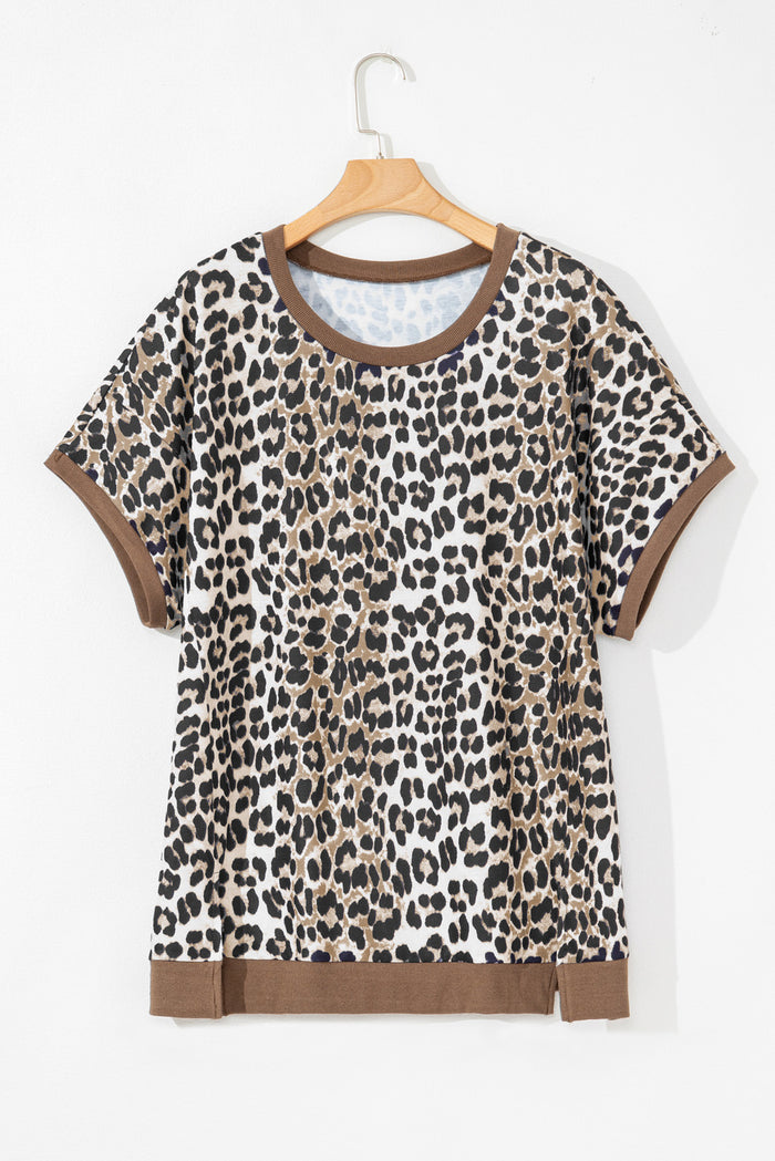 Khaki Leopard Contrast Trim Short Sleeve Loose Plus Size Top 🇨🇳