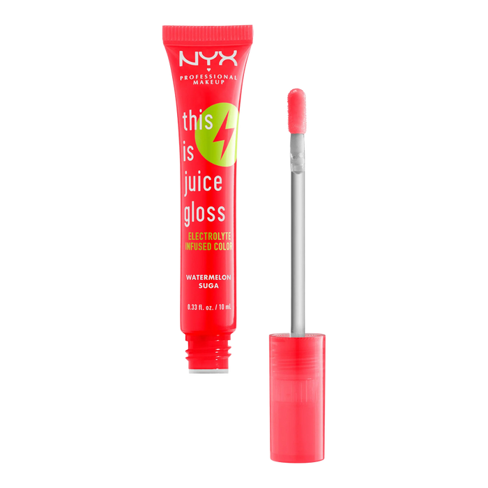 NYX This is Juice Gloss WATERMELON SUGA TIJG02 open with applicator, showcasing glossy vegan shine and hydrating electrolyte-infused formula