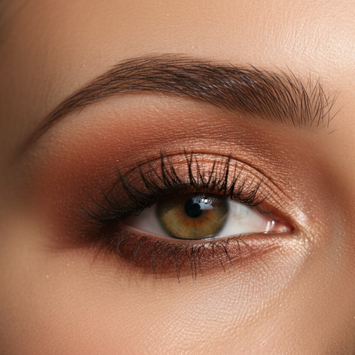 Close-up of a woman's eye with brown smoky eye makeup