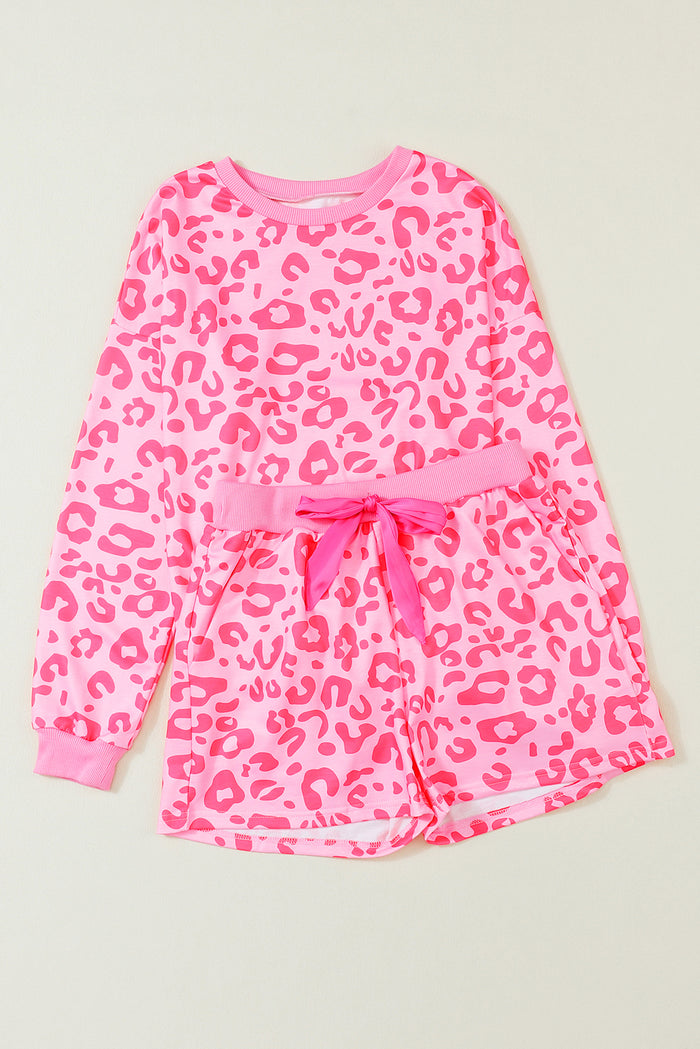 Pink Leopard Long Sleeve Satin Tie Shorts Two Piece Set 🇺🇸