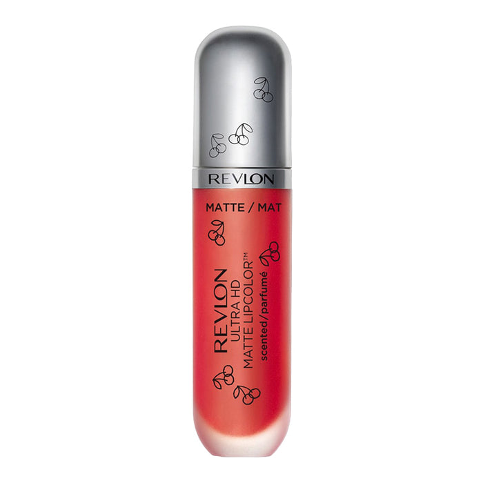 Revlon 505 Cherry Bomb – vivid cherry matte lipcolor with whipped formula, bold payoff and hydrating texture