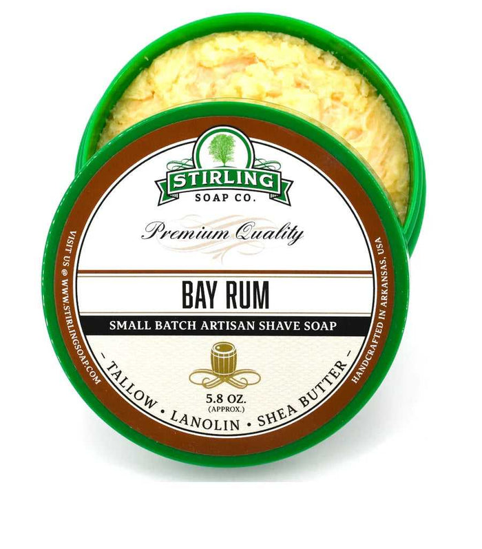 Stirling Bay Rum Shaving Soap tin with green lid and label