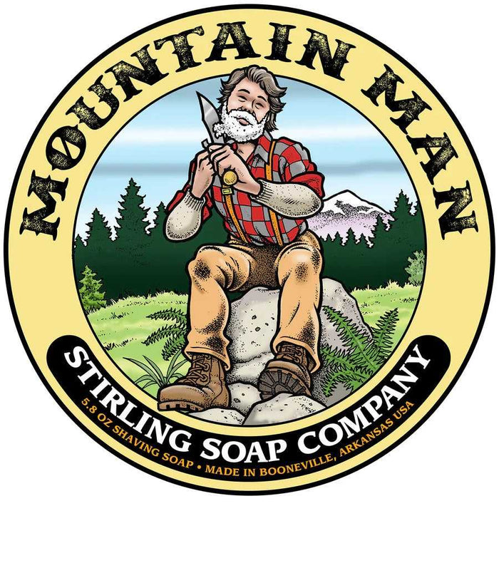 Mountain Man shaving soap logo with outdoorsman illustration