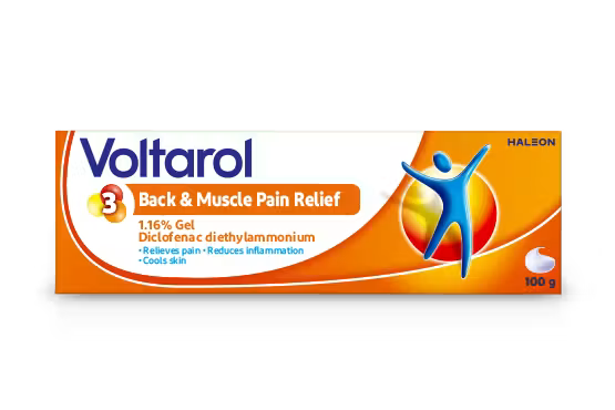 Voltarol Back & Muscle Pain Relief 1.16% Gel 100g orange box with blue figure on white background