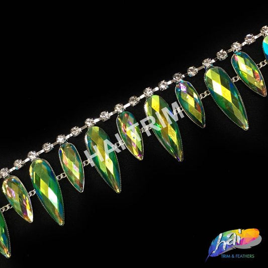 1 3/8" Dangling Iridescent Teardrop Rhinestone Trim, ACR-021