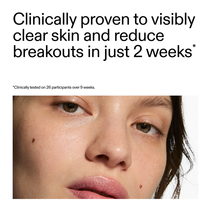 Skincare product showing a close-up of a person's face with text claiming clinical results.