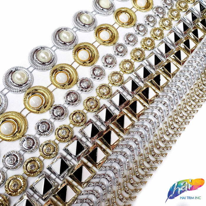 5/8" Gold Curved Plastic Stud Trim w/ Rhinestones, PST-066