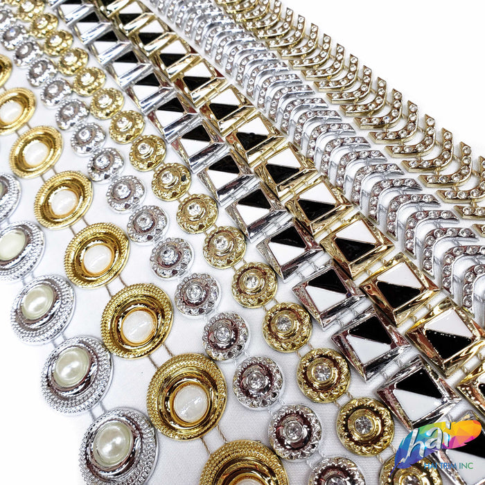 5/8" Gold Curved Plastic Stud Trim w/ Rhinestones, PST-066