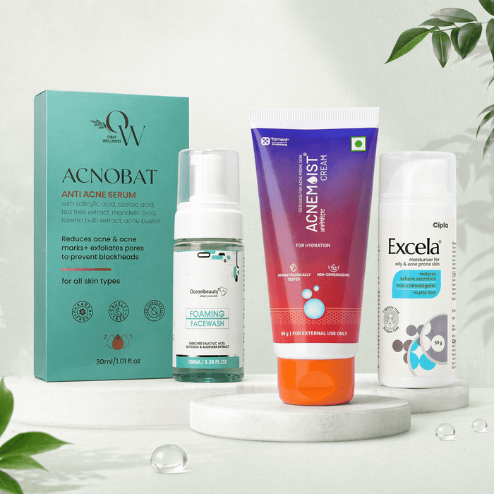 Acnobat Anti Acne Serum | Oceanbeauty Foaming Face Wash | Acnemoist Cream | Excela Moisturiser for Oily & Acne Prone Skin - Cosmosentials