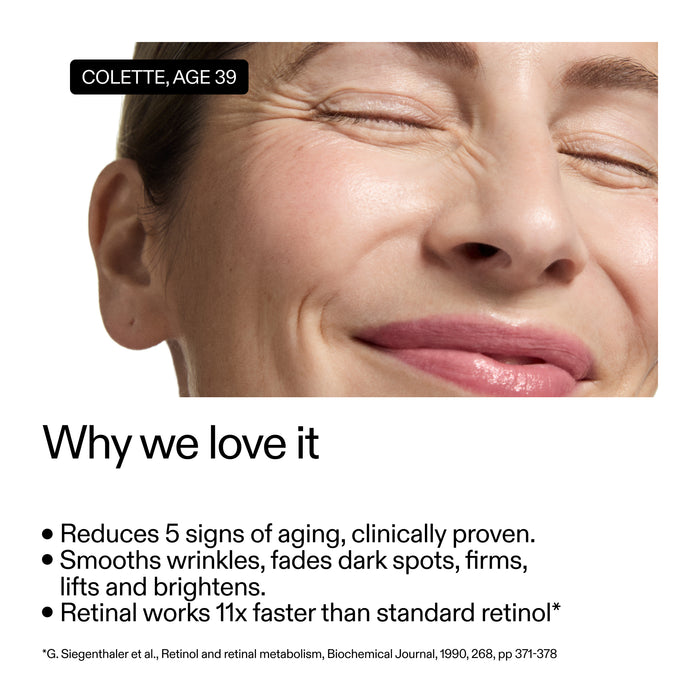 Woman with visible signs of aging, showing product benefits on a white background.