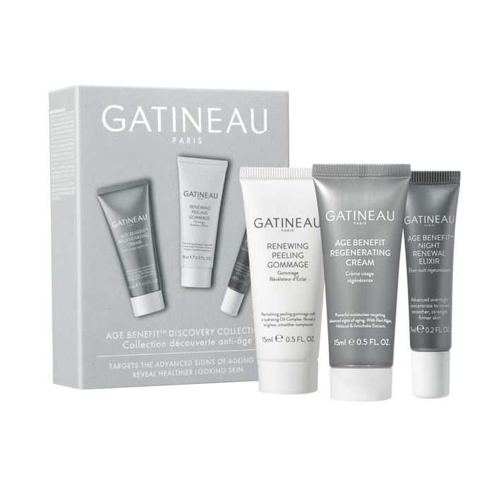 A Gatineau skincare set including Age Benefit Regenerating Cream, Renewing Peeling Gommage, and Age Benefit Night Renewal Elixir, presented in a branded box.