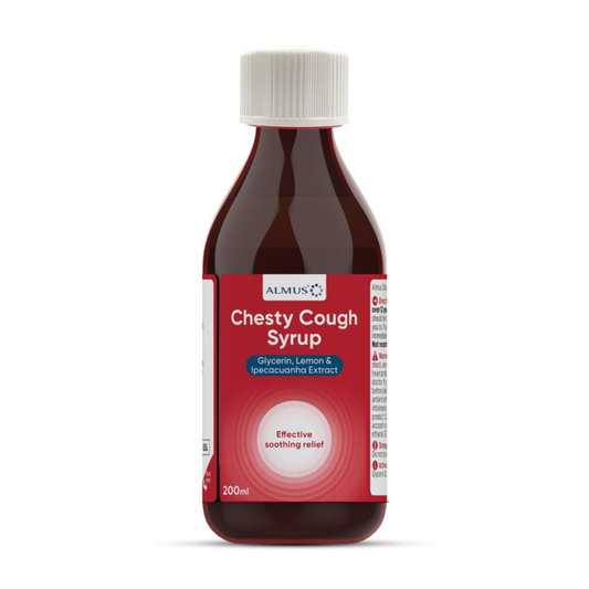 Almus Chesty Cough Syrup 200ml dark glass bottle with red label, white cap, on white background