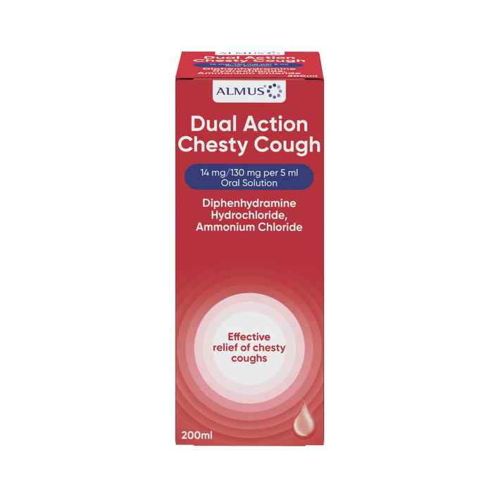 Almus Dual Action Chesty Cough Oral Solution 200ml red box, 14mg/130mg per 5ml, Diphenhydramine Hydrochloride, Ammonium Chloride, white background