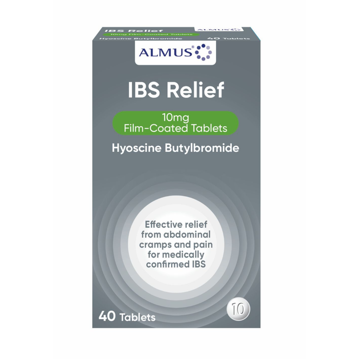 Almus IBS Relief 40 Tablets grey box, 10mg Film-Coated Tablets, Hyoscine Butylbromide, white background