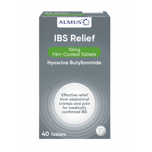 Almus IBS Relief 40 Tablets grey box, 10mg Film-Coated Tablets, Hyoscine Butylbromide, white background
