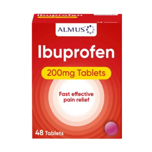 Almus Ibuprofen 200mg 48 Tablets red box with yellow dosage banner, showing a pink tablet on white background.