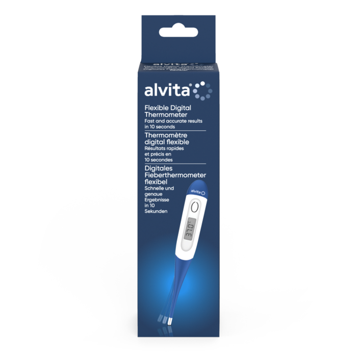 Alvita Flexible Digital Thermometer navy blue packaging with white and blue thermometer device shown on white background.