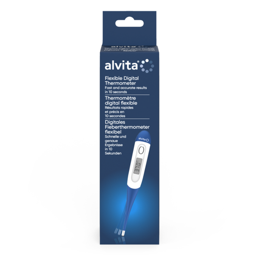 Alvita Flexible Digital Thermometer navy blue packaging with white and blue thermometer device shown on white background.