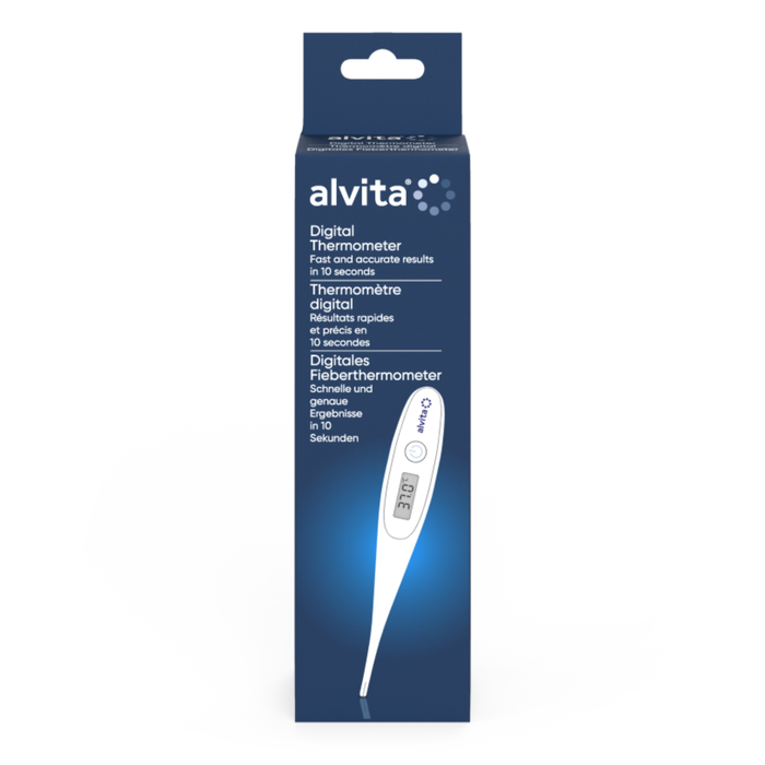 Alvita Digital Thermometer navy blue box with white thermometer showing 37.0°C display, on white background.
