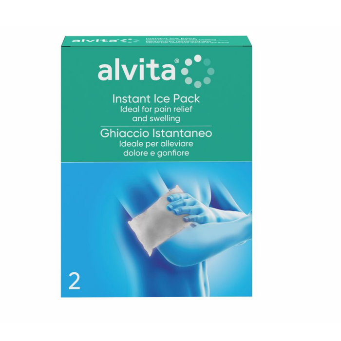 Alvita Instant Ice Pack 2-pack box on white background, teal top with product name, blue panel showing pack applied to elbow.