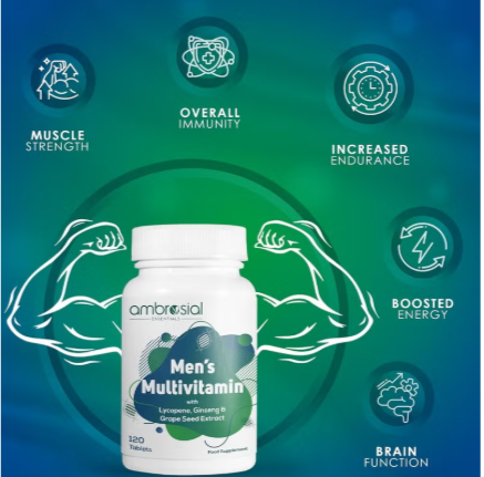 Ambrosial Men's Multivitamin with Lycopene, Ginseng & Grape Seed Extract (Pack of 1-120 Tablets) ambrosial