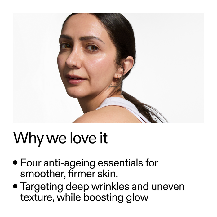 Woman with text about anti-ageing products on a white background