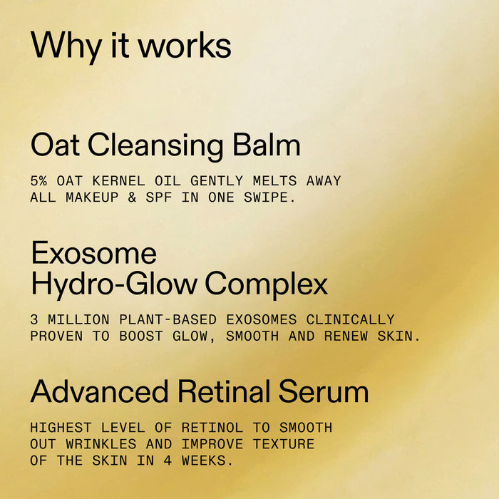 Text detailing the components of a skincare product line on a gradient background