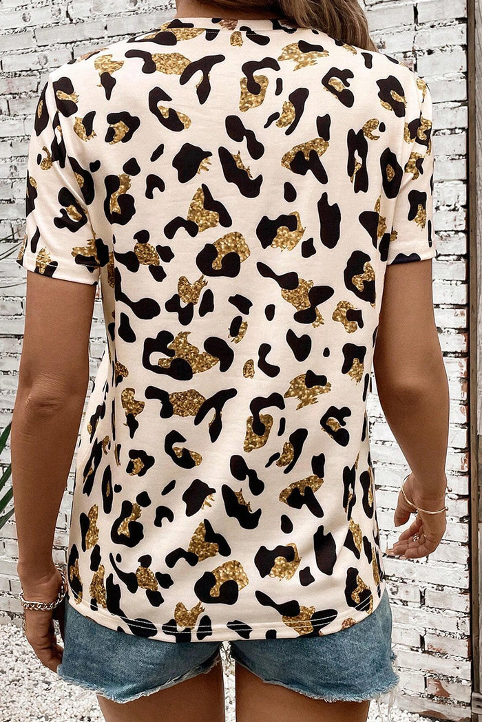 Apricot Leopard Print Round Neck Casual T Shirt 🇨🇳