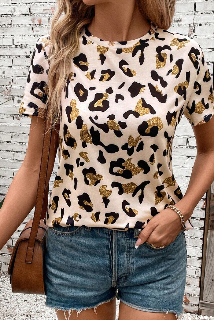 Apricot Leopard Print Round Neck Casual T Shirt 🇨🇳