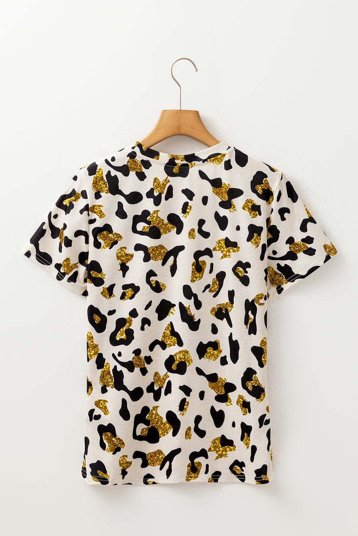 Apricot Leopard Print Round Neck Casual T Shirt 🇨🇳