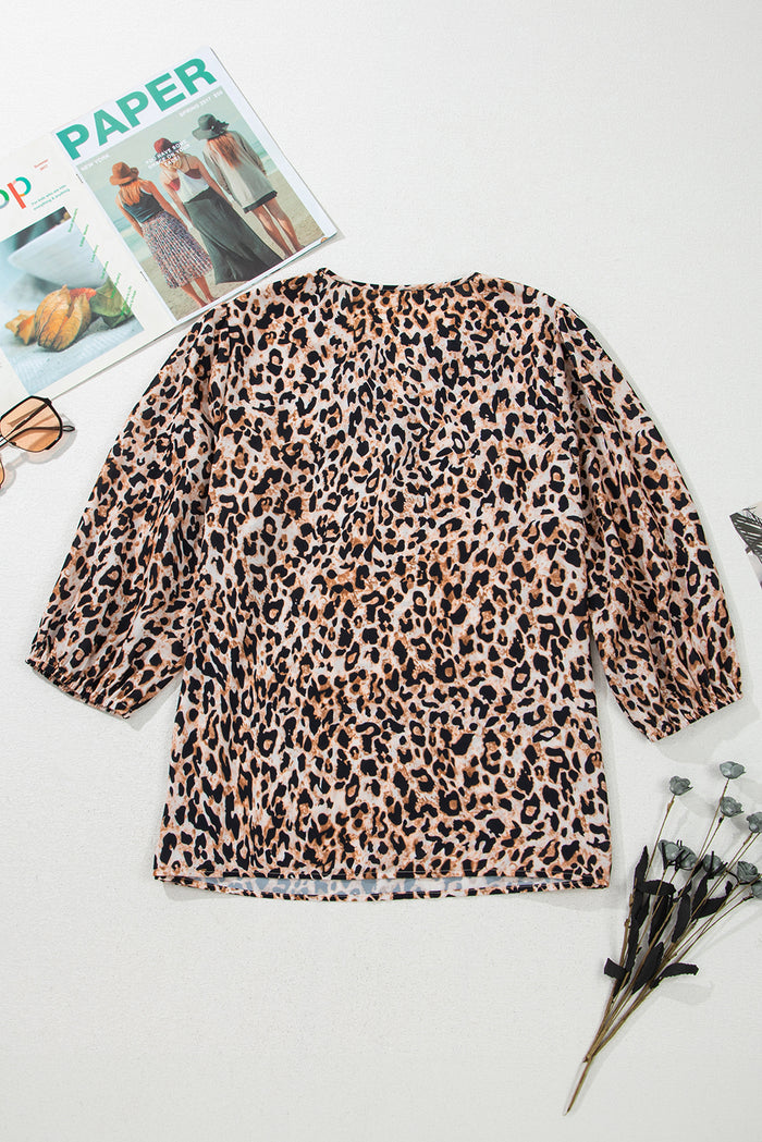Apricot Leopard V Neck Half Sleeve Blouse 🇨🇳
