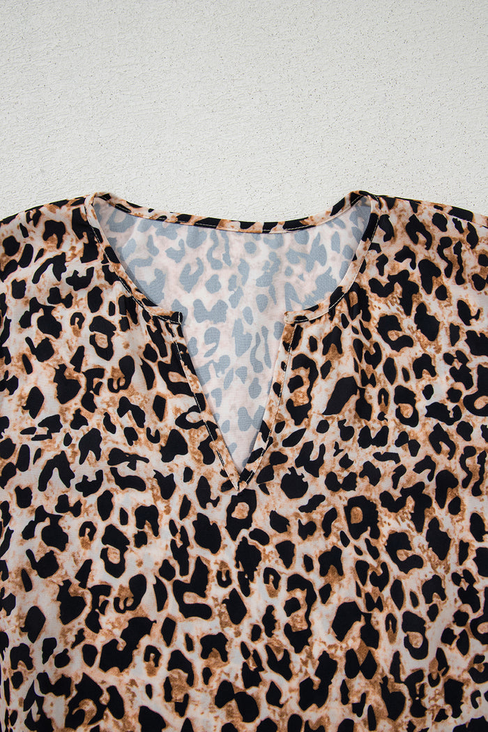 Apricot Leopard V Neck Half Sleeve Blouse 🇨🇳