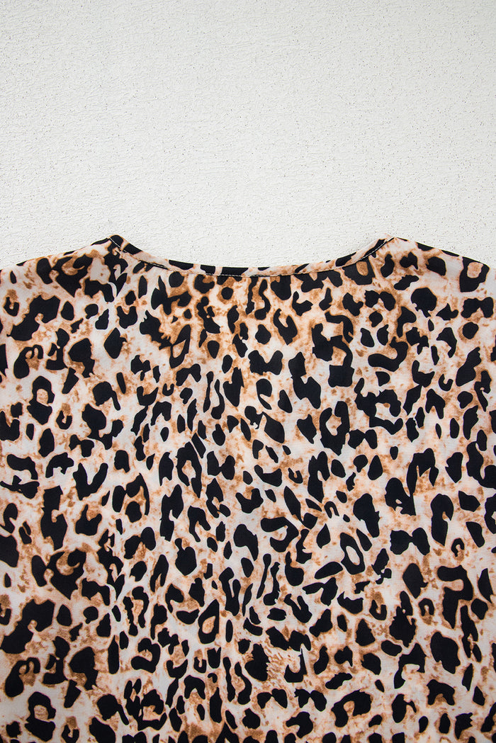 Apricot Leopard V Neck Half Sleeve Blouse 🇨🇳