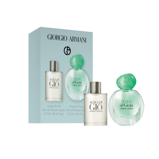 Armani Acqua di Giò & Acqua di Gioia Mini Gift Set with light blue box and two 5ml bottles on white background