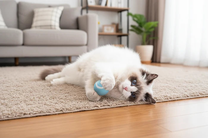 cat playing with smart automatic rolling ball motion sensor pet toy for exercise and stimulation