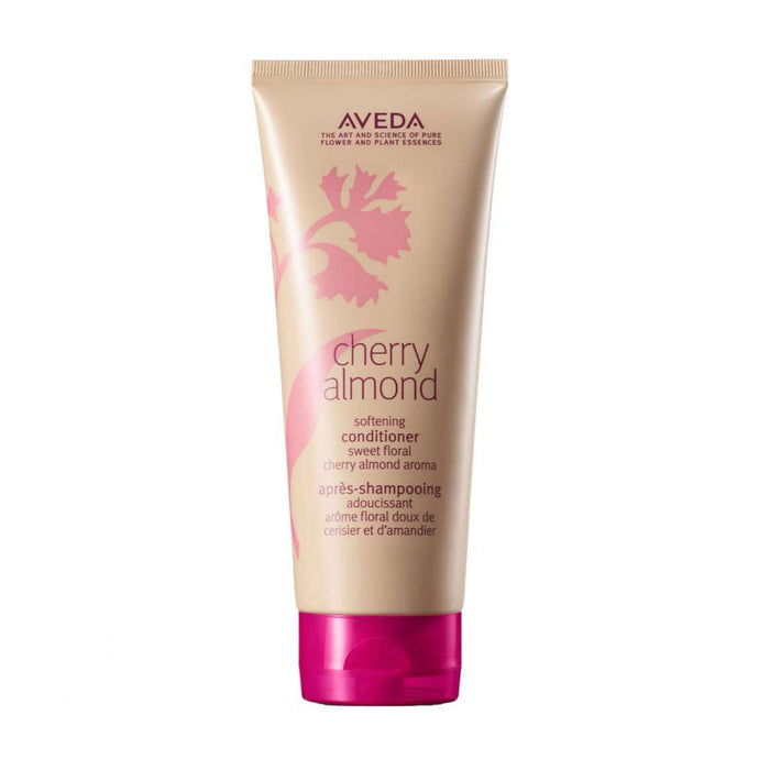 Aveda Cherry Almond Softening Conditioner 200ml tube with pink cap and floral design on white background.