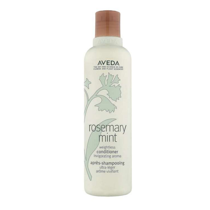Aveda Rosemary Mint Weightless Conditioner 250ml bottle with terracotta pump cap and mint botanical design on white background.