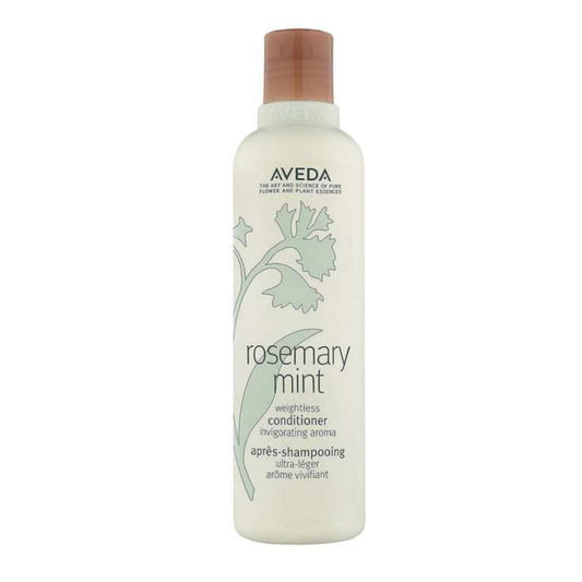 Aveda Rosemary Mint Weightless Conditioner 250ml bottle with terracotta pump cap and mint botanical design on white background.