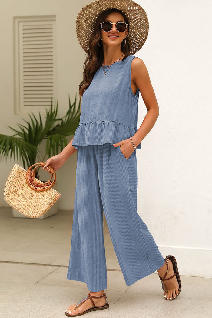 Beau Blue Solid Color Ribbed Ruffle Tank Top and Pants Set 🇨🇳