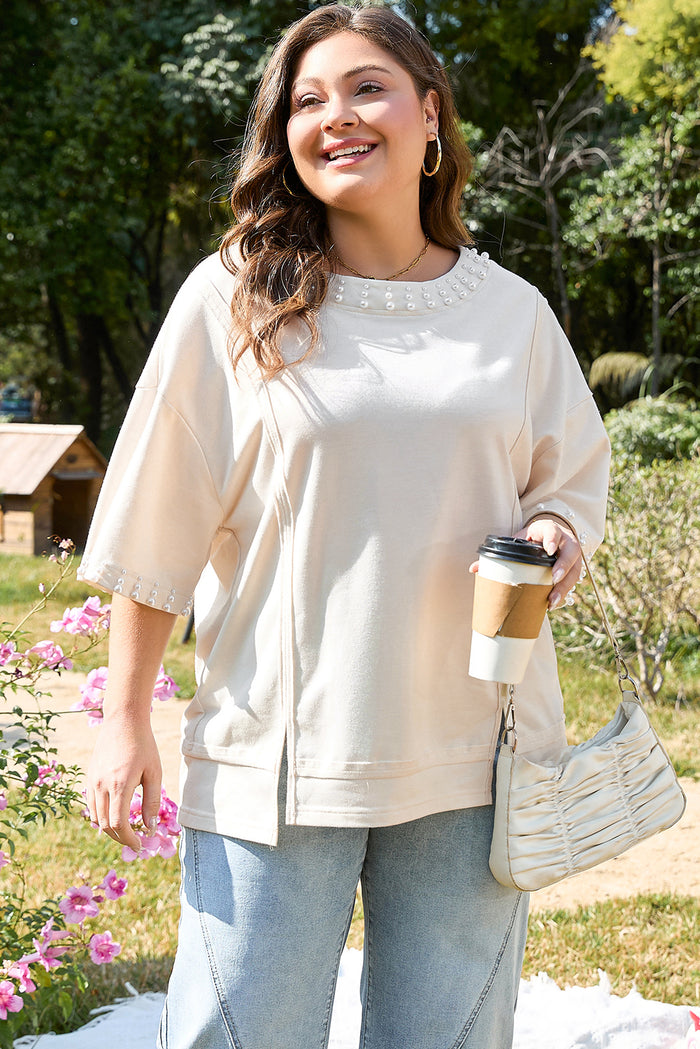 Beige Pearl Decor Crew Neck Half Sleeve Plus Size T Shirt 🇨🇳